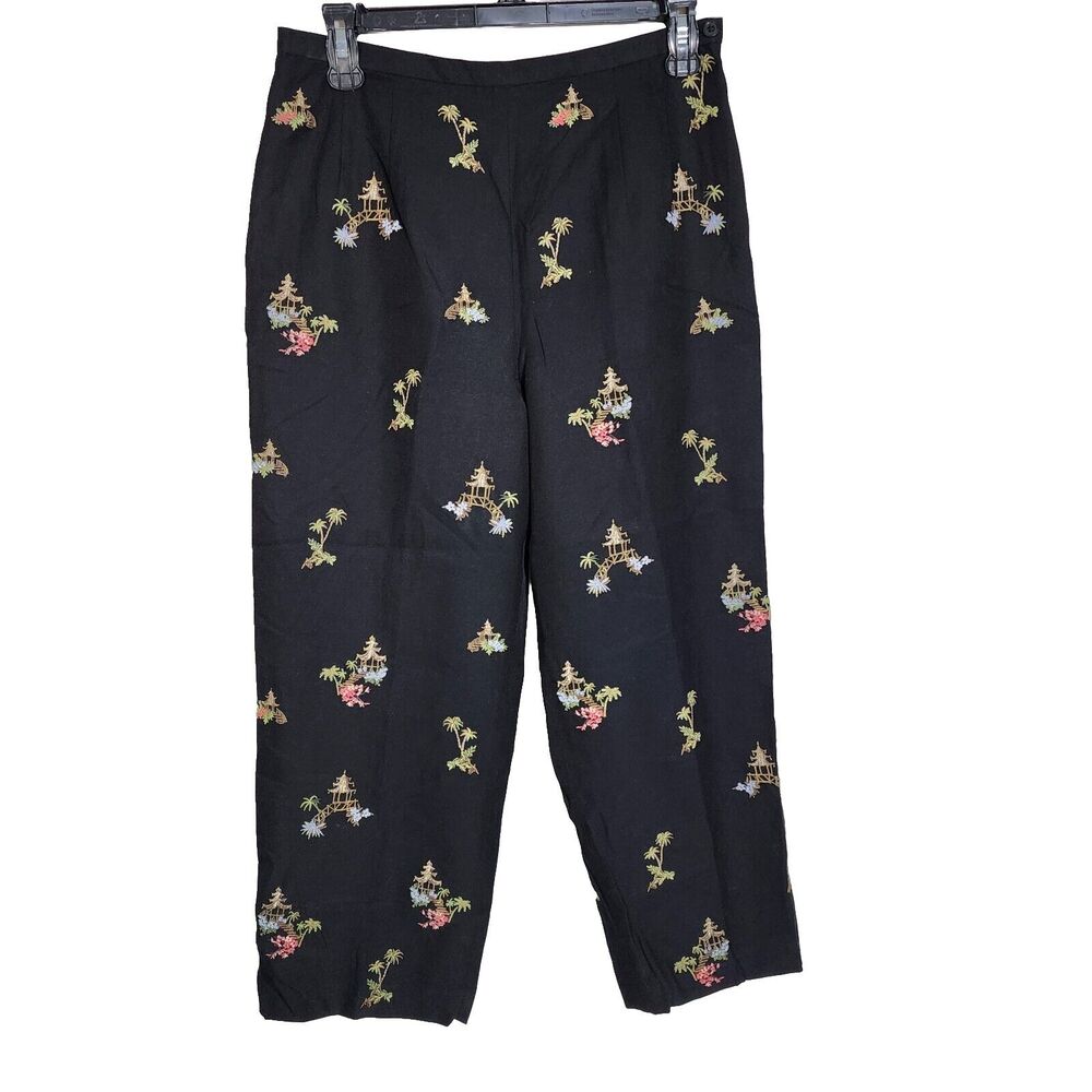 Talbots Petites Womens Pants 8 Black Silk Blend Cropped Embroidered Palm Trees